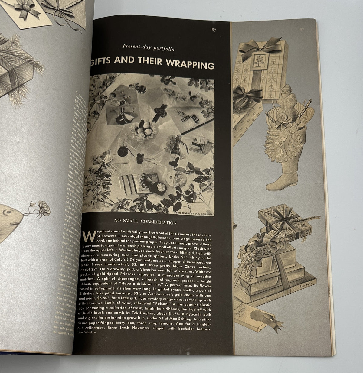 Flair Magazine December 1950 Christmas Issue featuring a portfolio on Gifts and Their Wrapping, showcasing beautifully arranged gifts and holiday decorations.