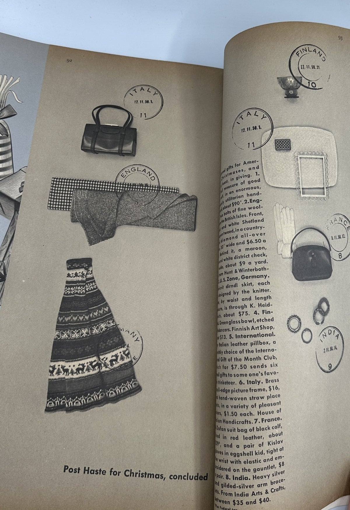 Flair Magazine December 1950 Christmas Issue including a section titled Post Haste for Christmas, highlighting various fashionable items and accessories for the holiday season.