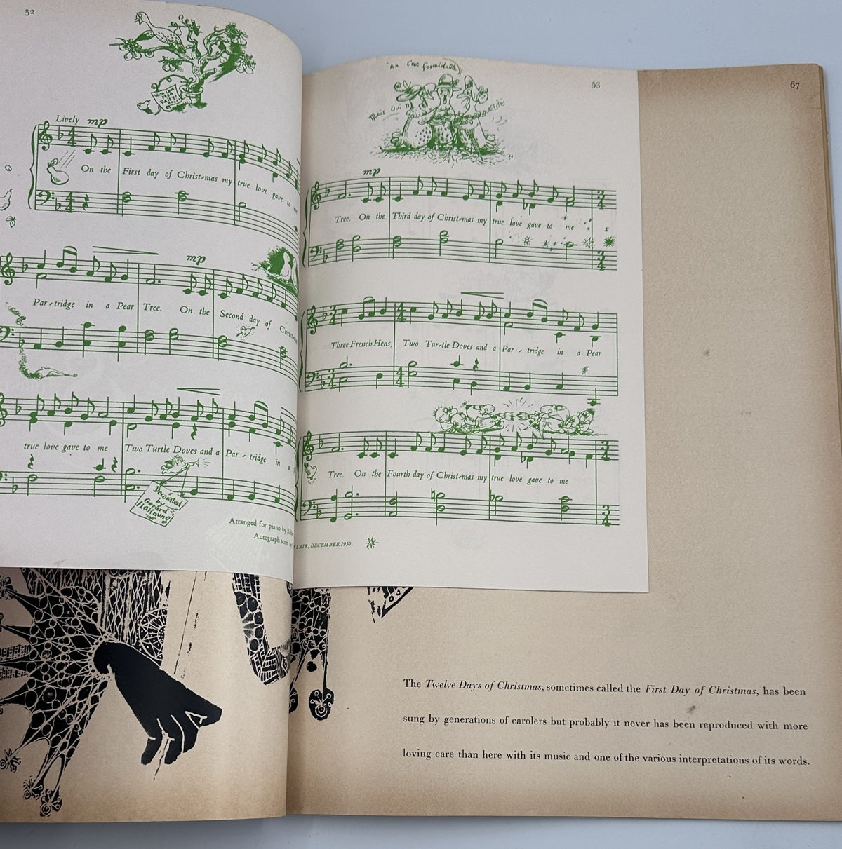 Flair Magazine December 1950 Christmas Issue displaying musical notations for The Twelve Days of Christmas, illustrating the song with artistic visuals.
