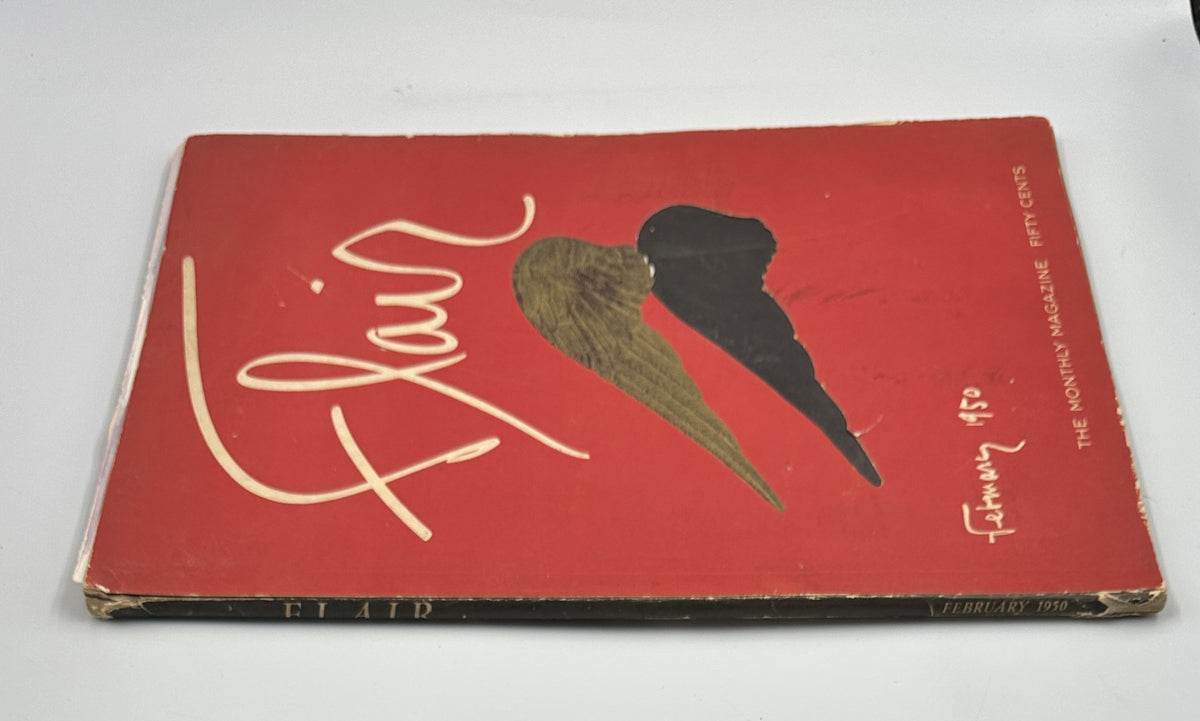 Front view of Flair Magazine February 1950 showcasing its classic red cover featuring distinctive wing art and publication details.