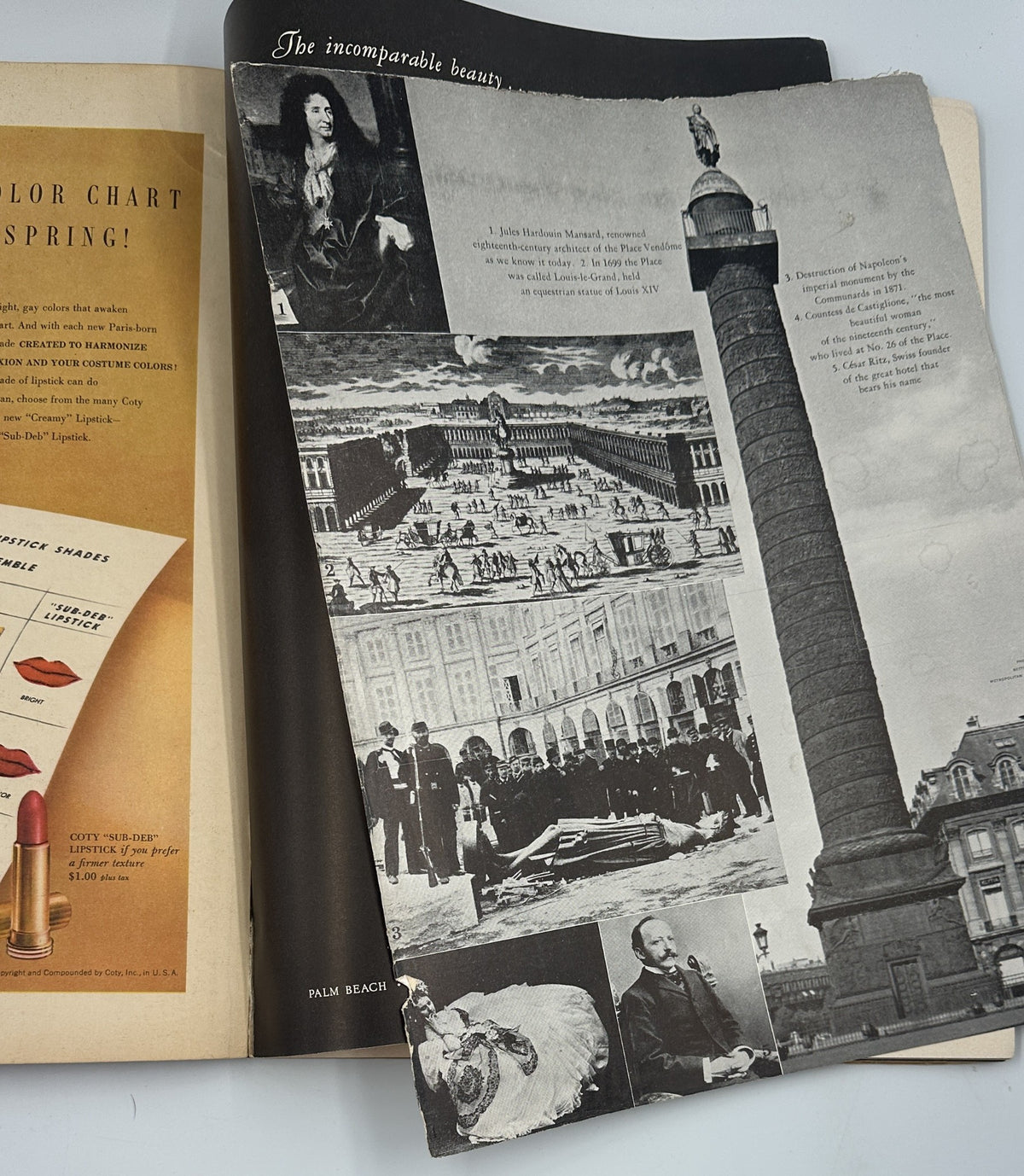 Flair Magazine February 1950 featuring a collage of historical images, including architecture and notable figures. Highlights the theme of beauty and design.
