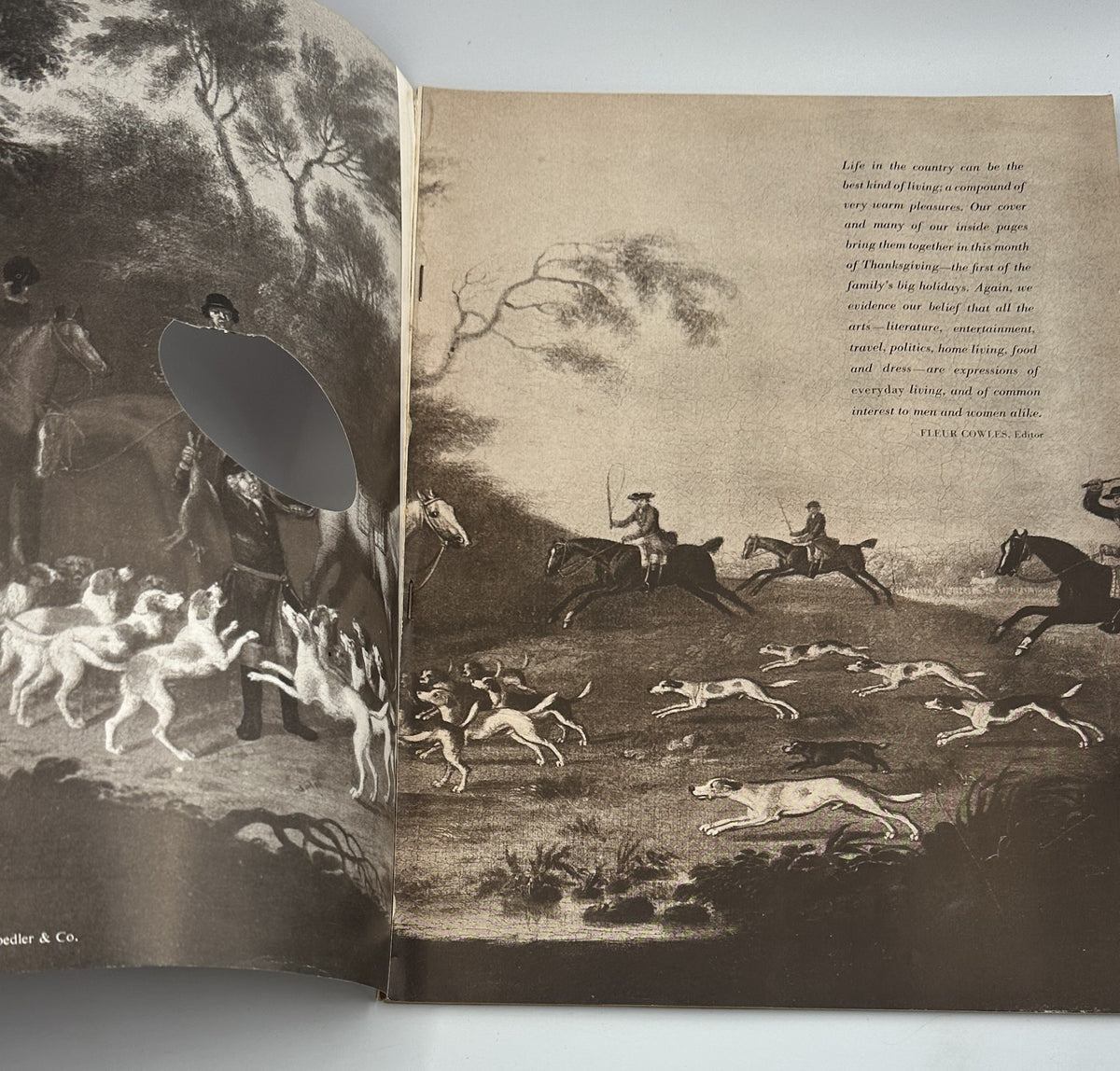 Illustration from Flair Magazine November 1950 depicting a foxhunting scene, capturing the essence of outdoor life and traditional pursuits.