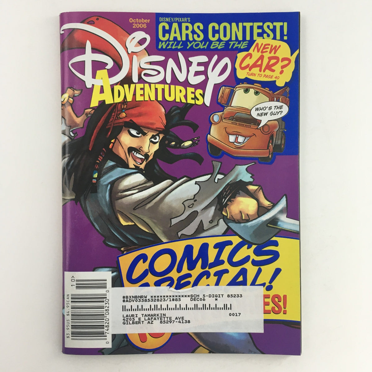 Cover of Disney Adventures Magazine October 2006 featuring Jack Sparrow and Tow Mayer Comics. This vintage issue highlights the enchanting adventures within Disney, perfect for collectors.