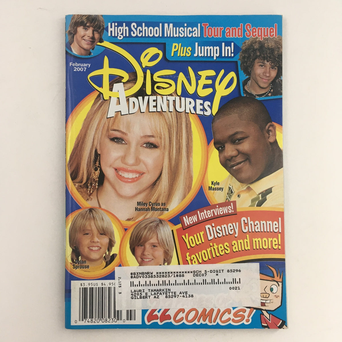 Disney Adventures Magazine February 2007 featuring Miley Cyrus as Hannah Montana and Kyle Massey on the cover. This collectible issue includes highlights from the Disney Channel era with vibrant visuals and articles.