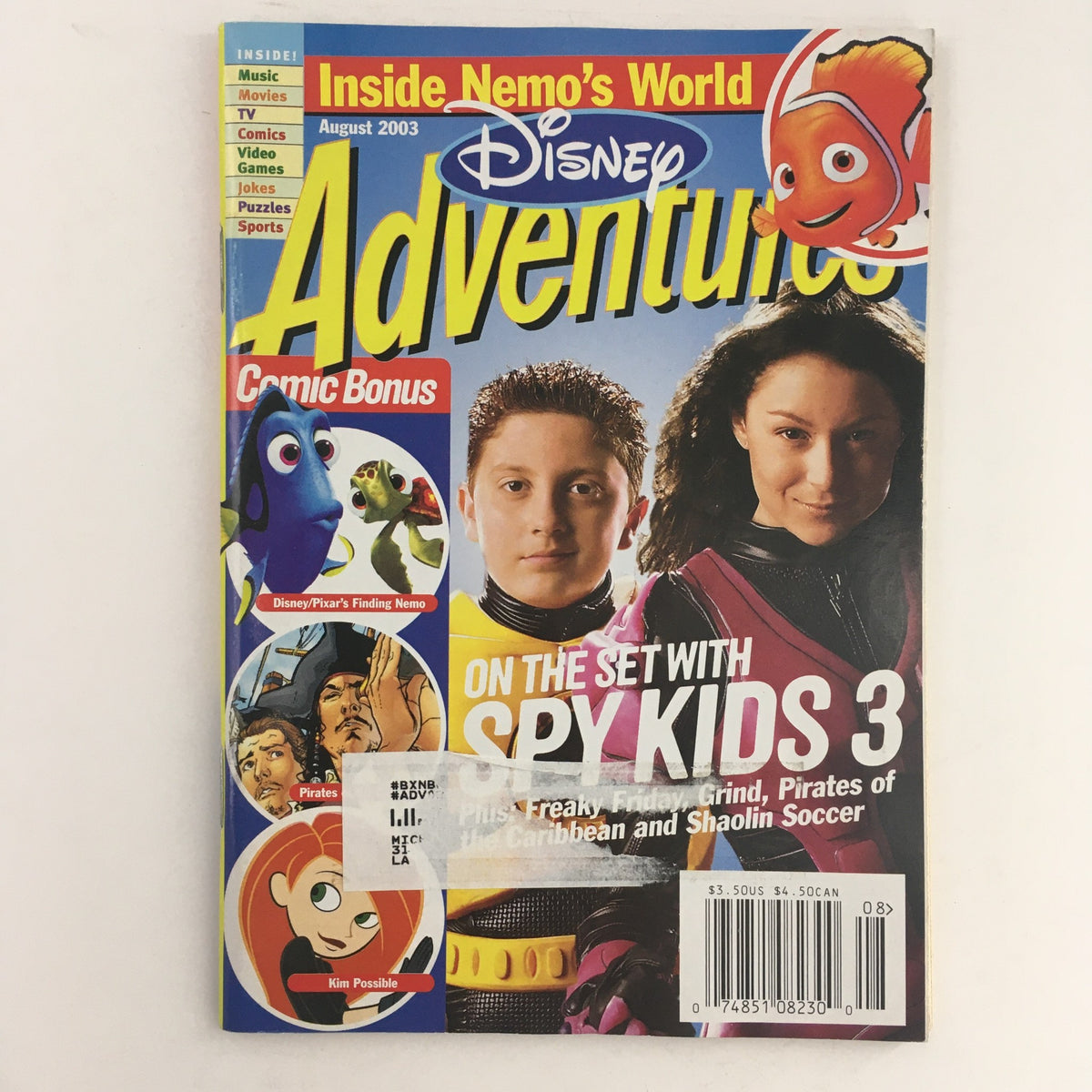 Disney Adventures Magazine August 2003 featuring a colorful cover with Alexa PenaVega and Daryl Sabara, highlighting articles about entertainment, movies, and fun activities for kids, showcasing the magazine's vintage appeal.