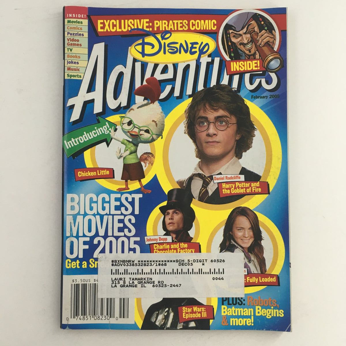Cover of Disney Adventures Magazine February 2005 featuring Chicken Little and Harry Potter, showcasing highlights from the biggest movies of 2005. Includes characters and promotional content related to the films.