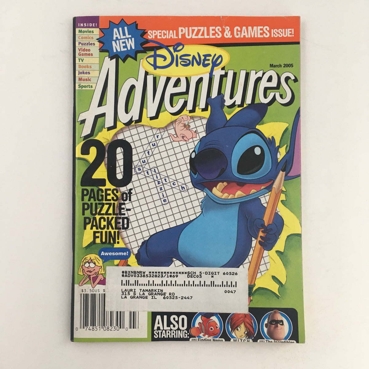 Cover of Disney Adventures Magazine from March 2005 featuring Lilo & Stitch and Finding Nemo, showcasing vibrant colors and puzzle-themed content.