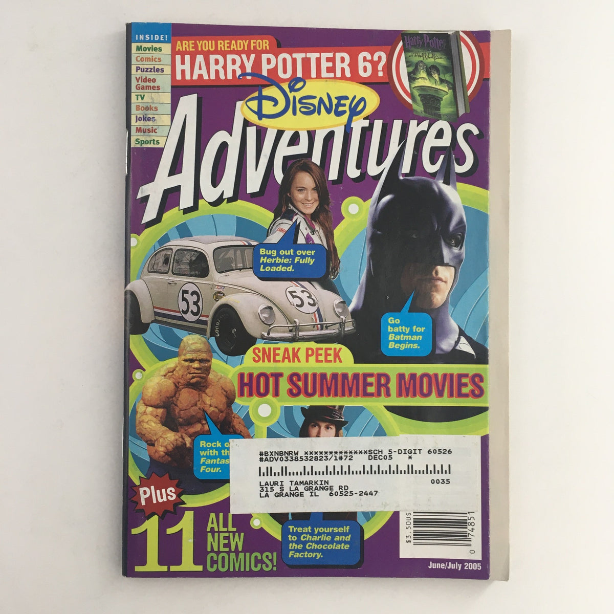 Disney Adventures Magazine June 2005 featuring Lindsay Lohan and Christian Bale as Batman, showcasing vibrant cover art with popular characters and highlighted articles on summer movies and comics.
