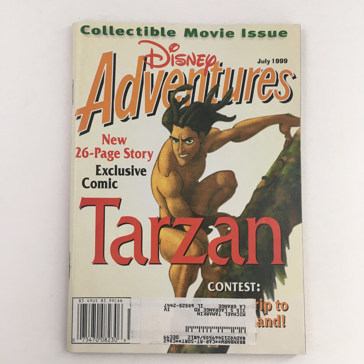 Cover of Disney Adventures Magazine from July 1999 featuring an exclusive comic story of Tarzan. The magazine is branded as a collectible movie issue, showcasing vibrant artwork of Tarzan in an action pose. This issue includes a unique 26-page comic story that appeals to Disney fans and vintage magazine collectors.