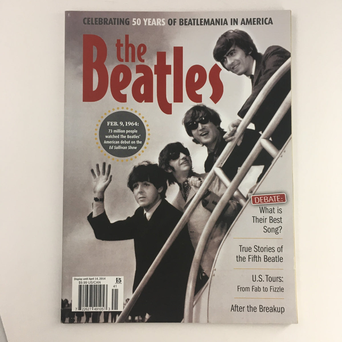 The Beatles 2014 Celebrating 50 Years of Beatlemania in America magazine cover featuring iconic band members, highlighting the debate on their best song and stories of the Fifth Beatle.