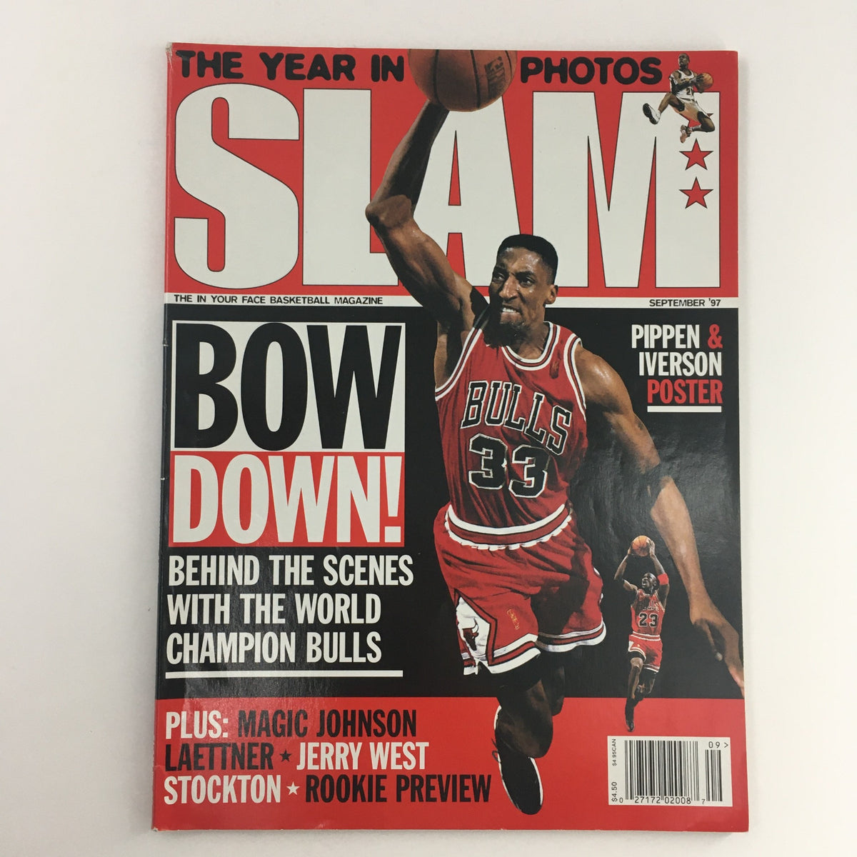 Slam Magazine September 1997 cover featuring Scottie Pippen and Allen Iverson, showcasing bold title 'BOW DOWN!' with highlights of the Chicago Bulls and a poster inside.