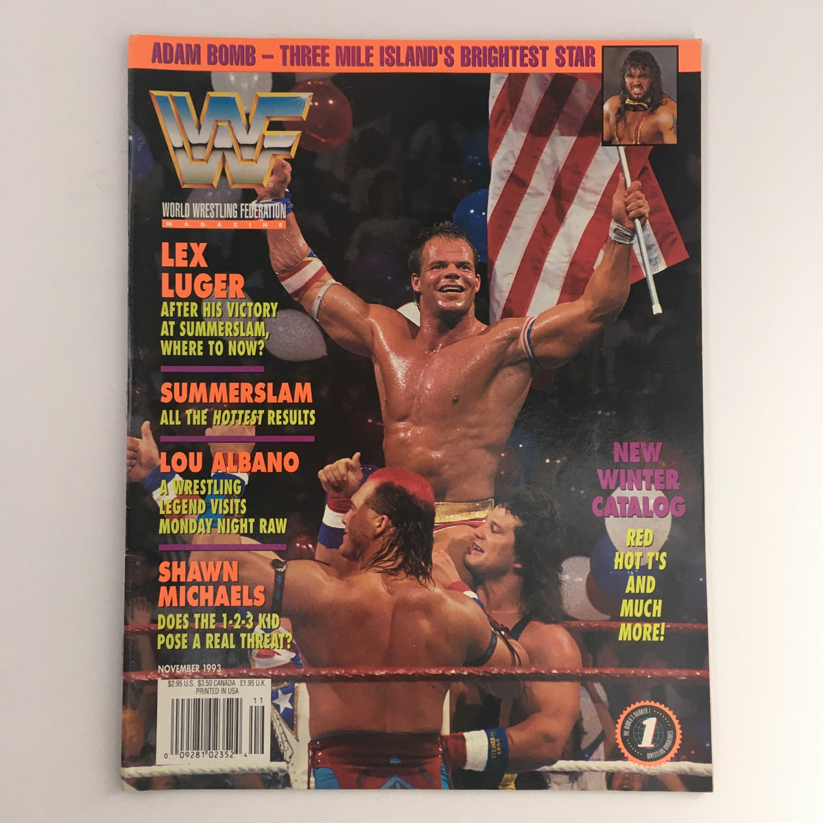 WWF Magazine November 1993 featuring Lex Luger, Lou Albano, and Shawn Michaels on the cover, showcasing key highlights from the wrestling world during this era.
