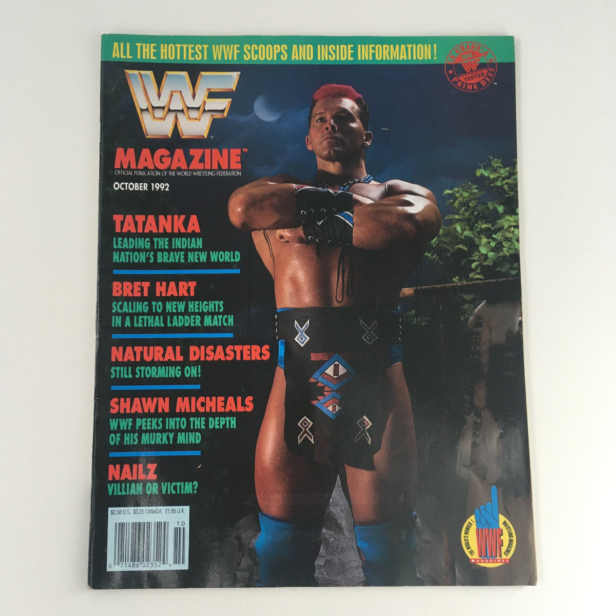 WWF Magazine October 1992 cover featuring Tatanka, Bret Hart, Shawn Michaels, and Nailz, highlighting wrestling highlights and scoop information.