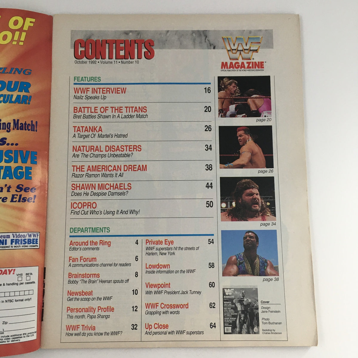 WWF Magazine October 1992 table of contents page featuring sections such as 'WWF Interview,' 'Battle of the Titans,' and notable wrestlers including Bret Hart and Shawn Michaels.