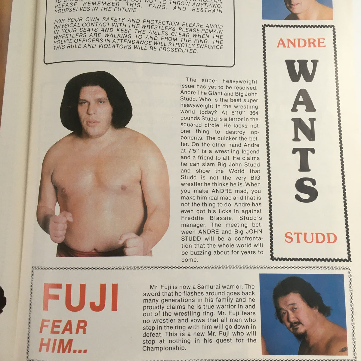 Interior page from Major League Wrestling 1983 Issue #175 featuring Andre the Giant and Big John Studd, showcasing wrestling match analysis and commentary.