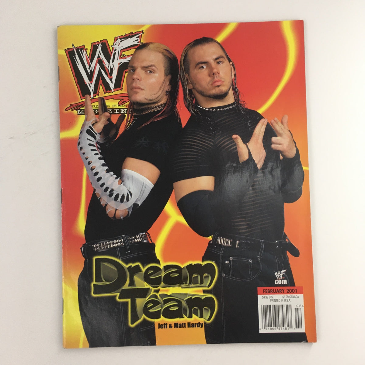 Cover of WWF Magazine February 2001 featuring the Dream Team Jeff and Matt Hardy, showcasing their iconic wrestling personas with a vibrant background.