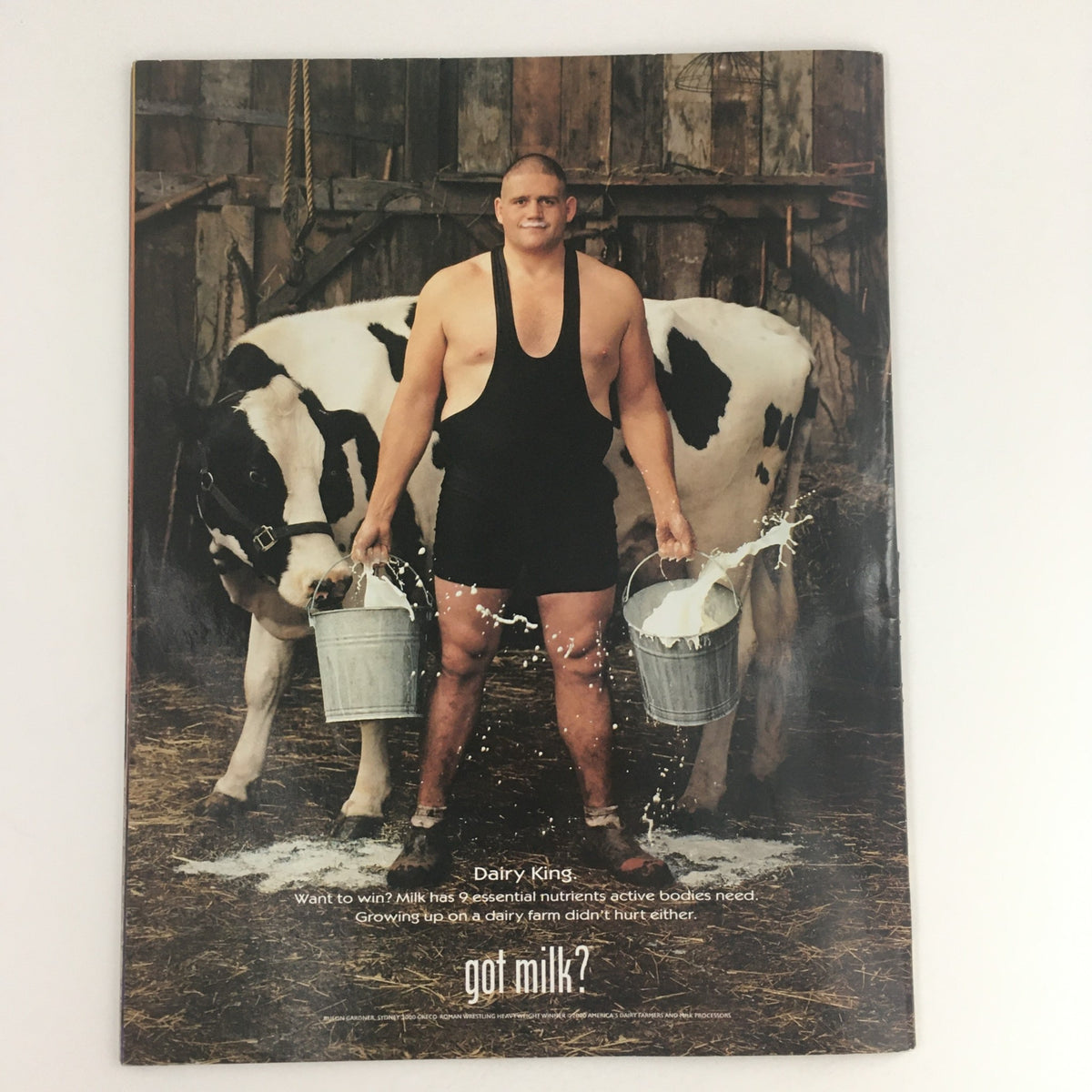 WWF Magazine February 2001 advertisement featuring a wrestler promoting milk, a humorous take alongside the Dream Team Jeff & Matt Hardy theme.