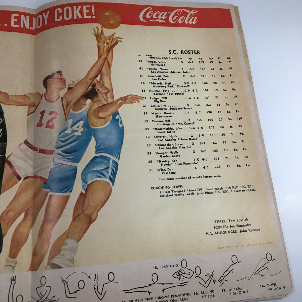 Roster of Southern California (S.C.) players featured in the December 10 1961 NCAA Basketball UCLA vs NYU The Tipoff Official Program.