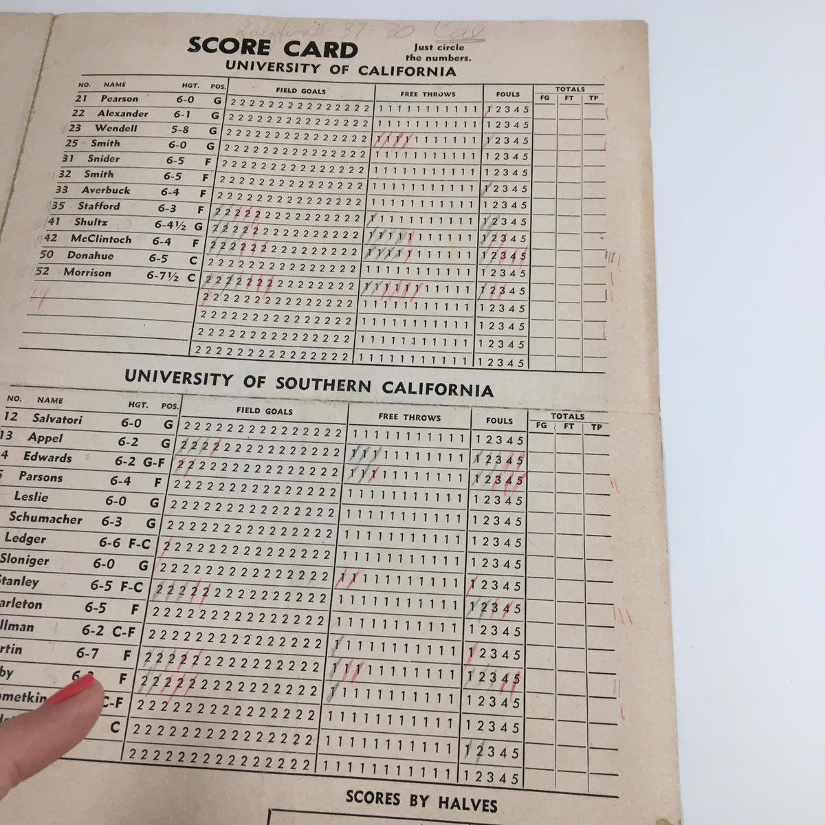 Scorecard page from the March 10, 1960 NCAA Basketball UCLA vs Stanford Official Program with game statistics.