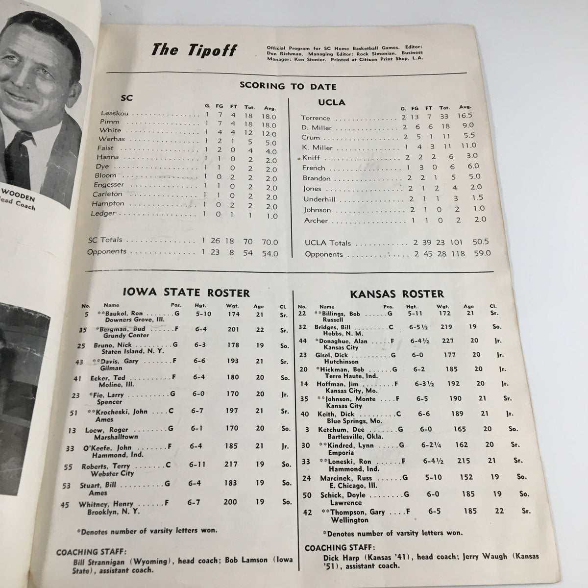 The Tipoff from December 12, 1960 NCAA Basketball matchup between UCLA and Kansas, featuring player scoring details and rosters.