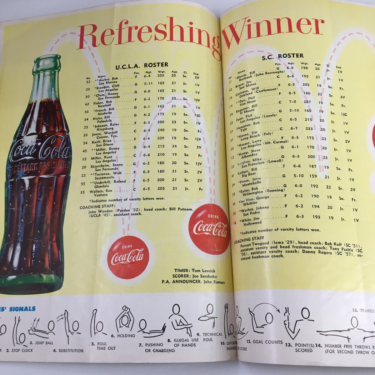 Roster pages of UCLA and Southern California for the December 12, 1960 NCAA Basketball game, branded with Coca-Cola advertisement.