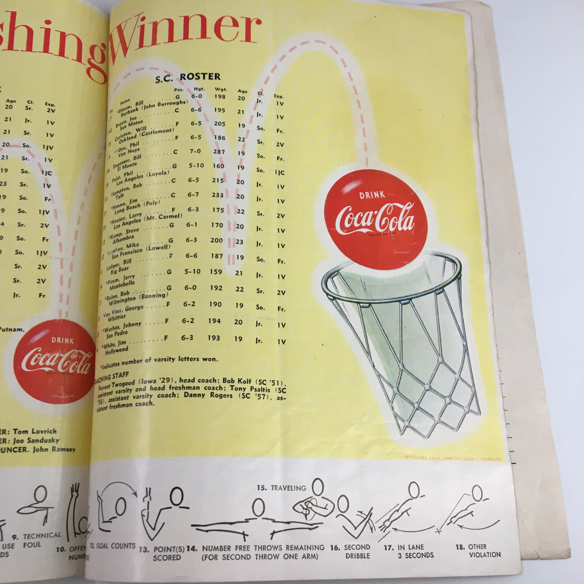 UCLA and Southern California rosters for the December 12, 1960 NCAA Basketball game, featuring playful Coca-Cola branding and basketball signals.