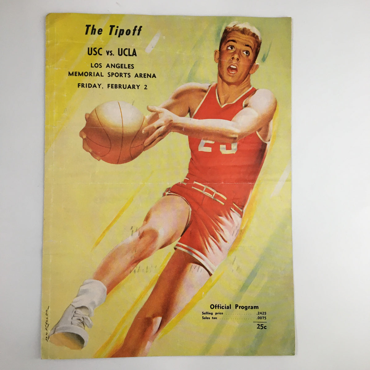 February 2, 1960 NCAA Basketball USC vs UCLA Official Program cover featuring an athlete in a red jersey, showcasing vibrant colors and design from the historic matchup.