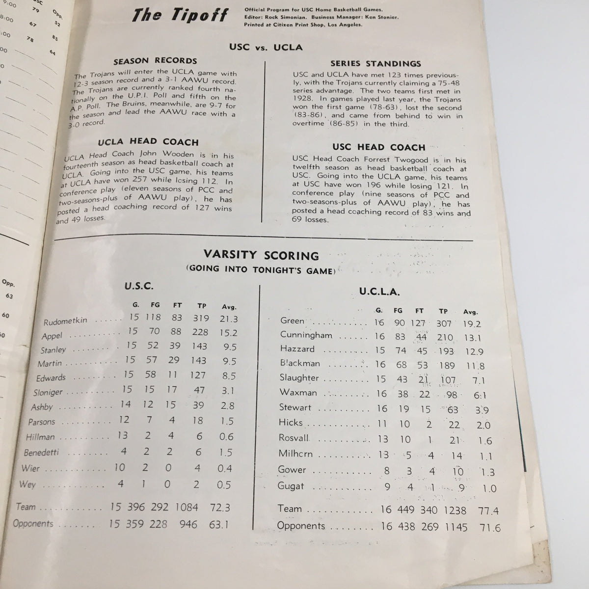 Inside page of the February 2, 1960 NCAA Basketball USC vs UCLA Official Program displaying season records and series standings.