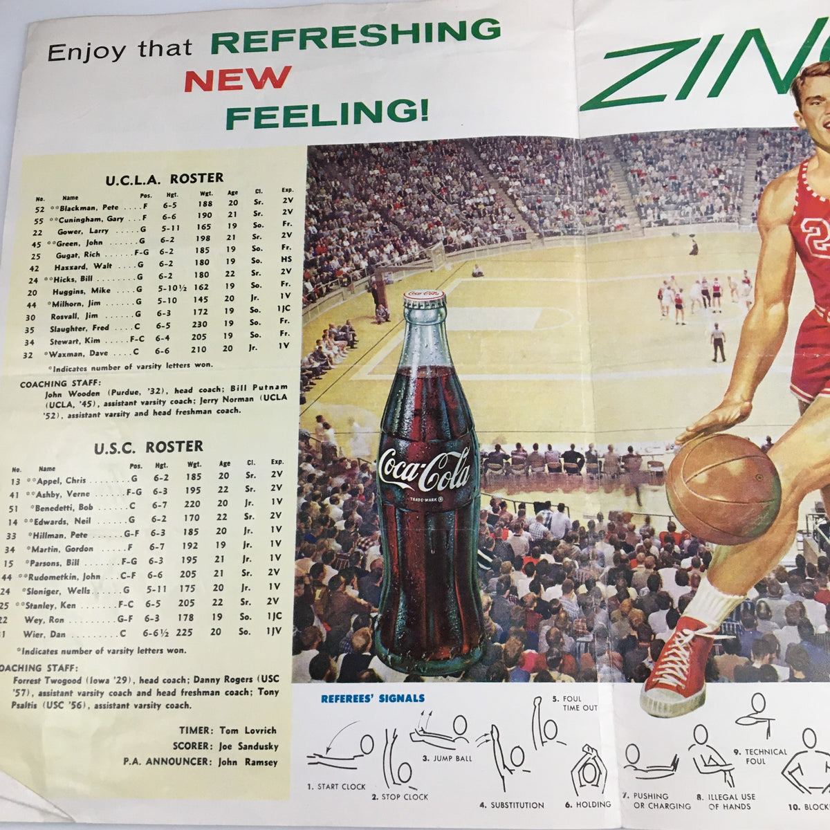 Roster page of the February 2, 1960 NCAA Basketball USC vs UCLA Official Program highlighting player positions and statistics with a Coca-Cola advertisement.
