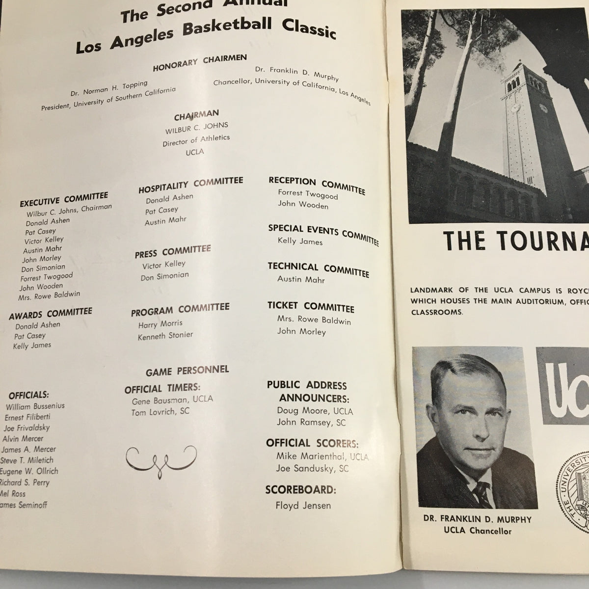 Inside page of the December 28 1960 NCAA UCLA Bruins Los Angeles Basketball Classic Program showcasing the executive committee and tournament details.