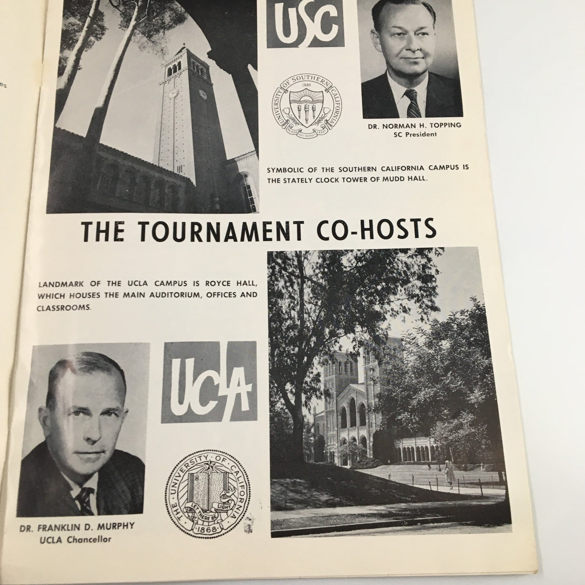 Inside page of the December 28 1960 NCAA UCLA Bruins Los Angeles Basketball Classic Program detailing the tournament co-hosts and notable personalities.