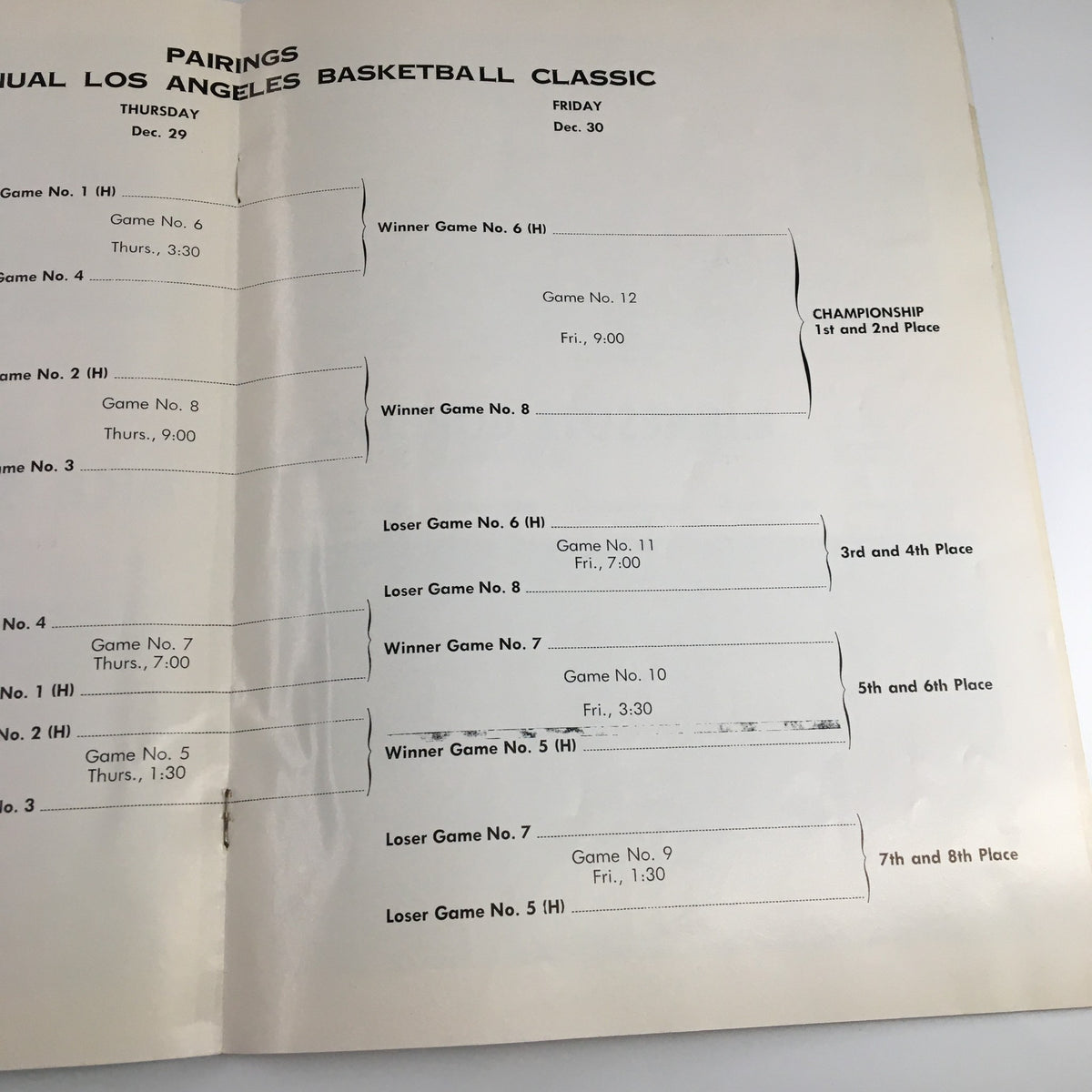 Inside page of the December 28 1960 NCAA UCLA Bruins Los Angeles Basketball Classic Program showing the game pairings for December 30.