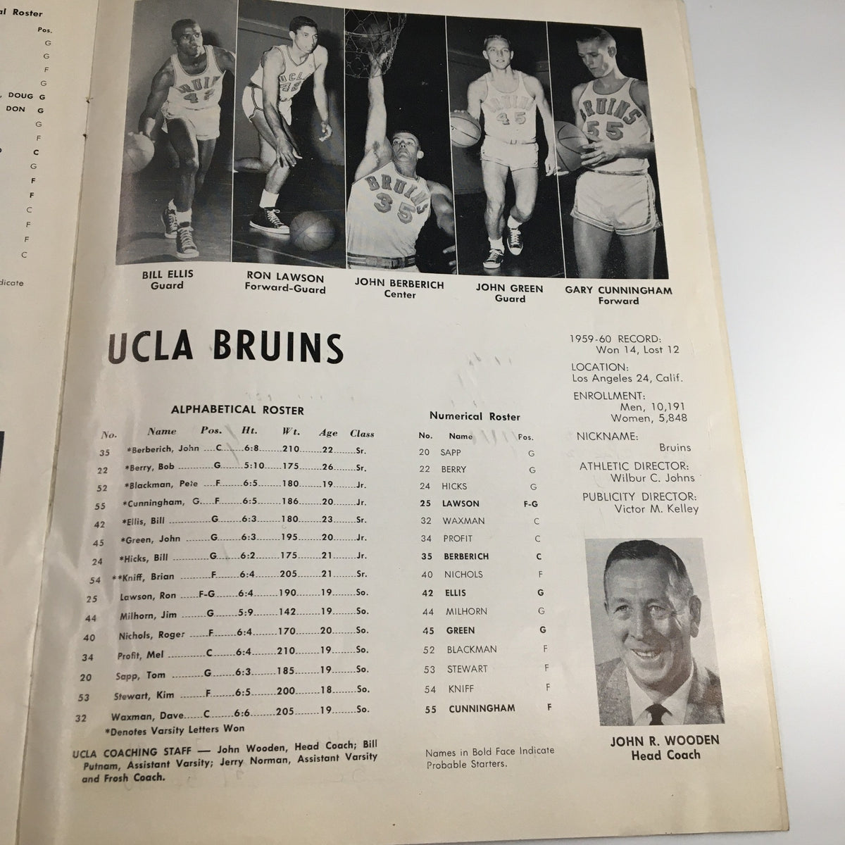 Inside page of the December 28 1960 NCAA UCLA Bruins Los Angeles Basketball Classic Program featuring the UCLA Bruins roster and coaching staff.
