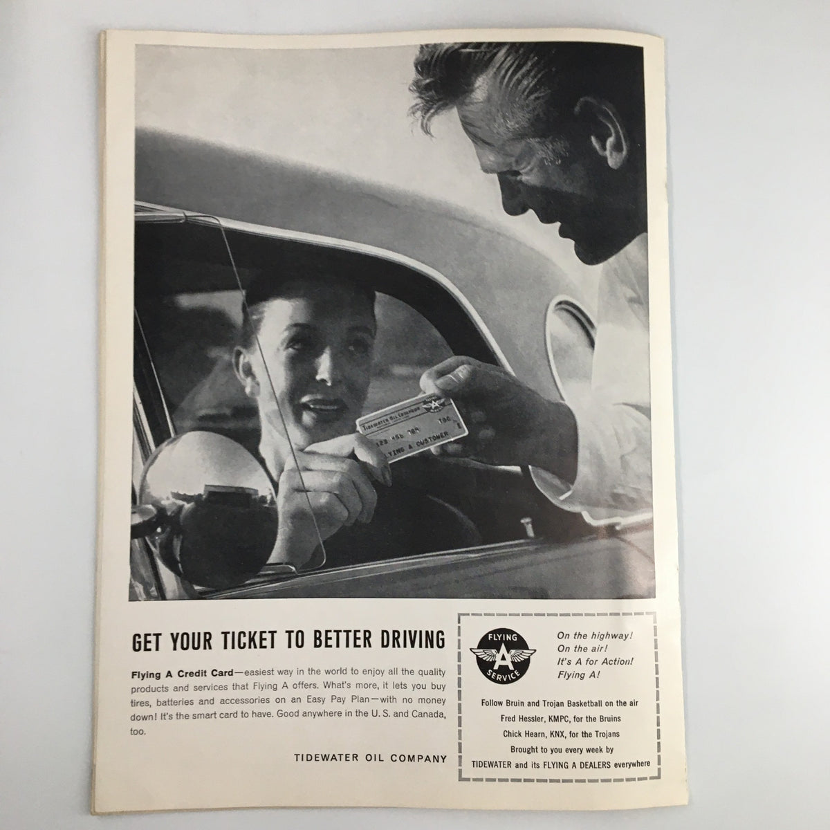 Vintage advertisement for Flying A Credit Card featured in the December 28 1960 NCAA UCLA Bruins Los Angeles Basketball Classic Program, promoting services for motorists.