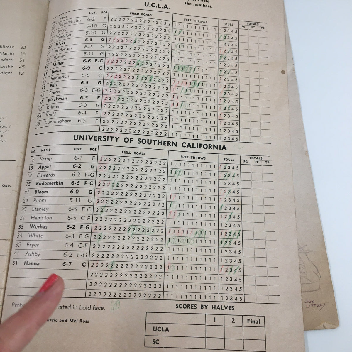 January 15 1960 NCAA Basketball UCLA vs SC The Tipoff Official Program showcasing score sheets for U.C.L.A. and University of Southern California basketball game.