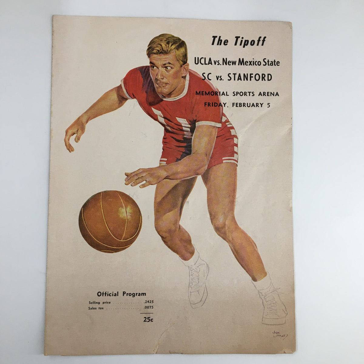 February 5 1960 NCAA Basketball UCLA vs New Mexico State The Tipoff Program cover featuring an illustration of a basketball player in action, showcasing vibrant colors and retro design.
