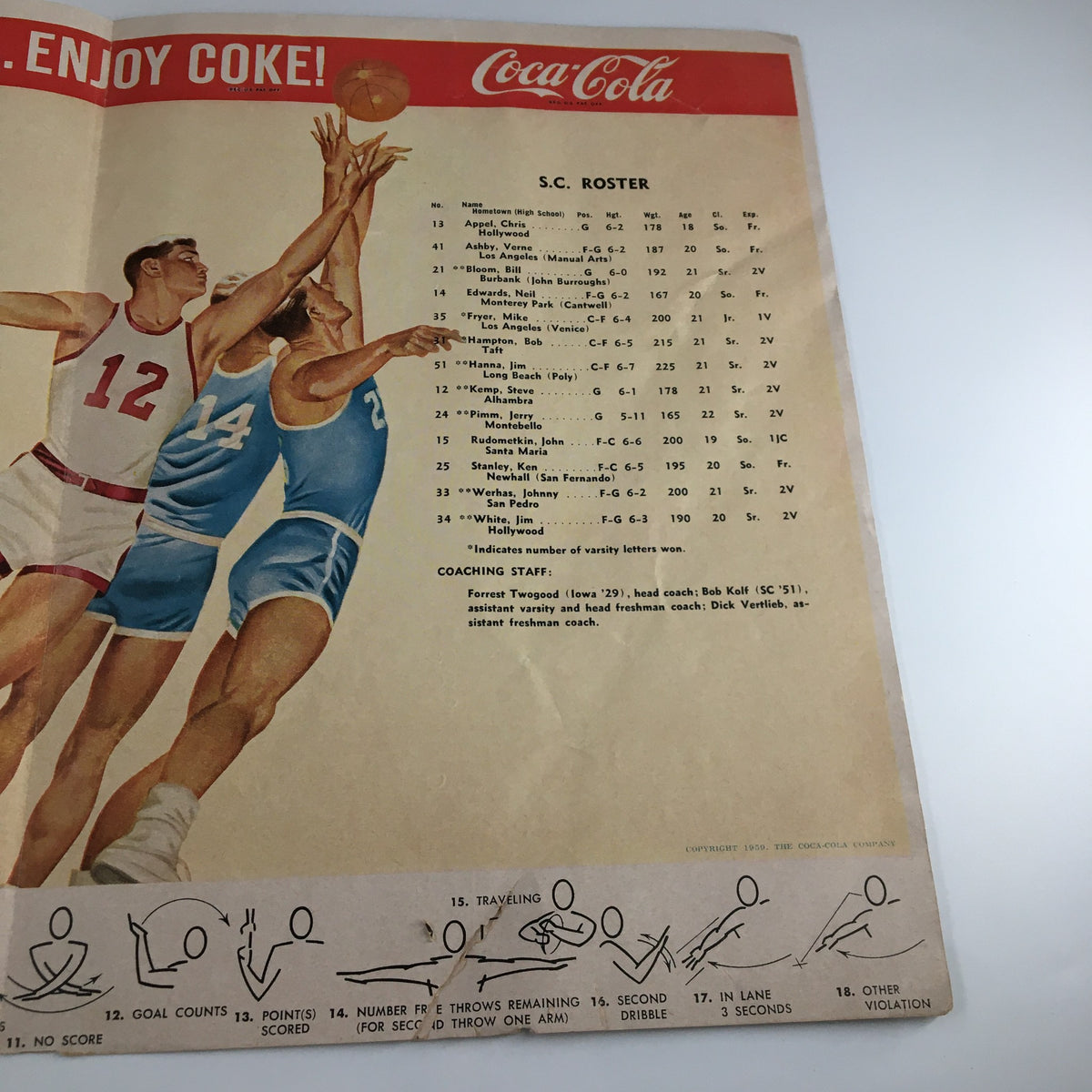 February 5 1960 NCAA Basketball UCLA vs New Mexico State The Tipoff Program - Southern California roster with player details and promotional Coke message.