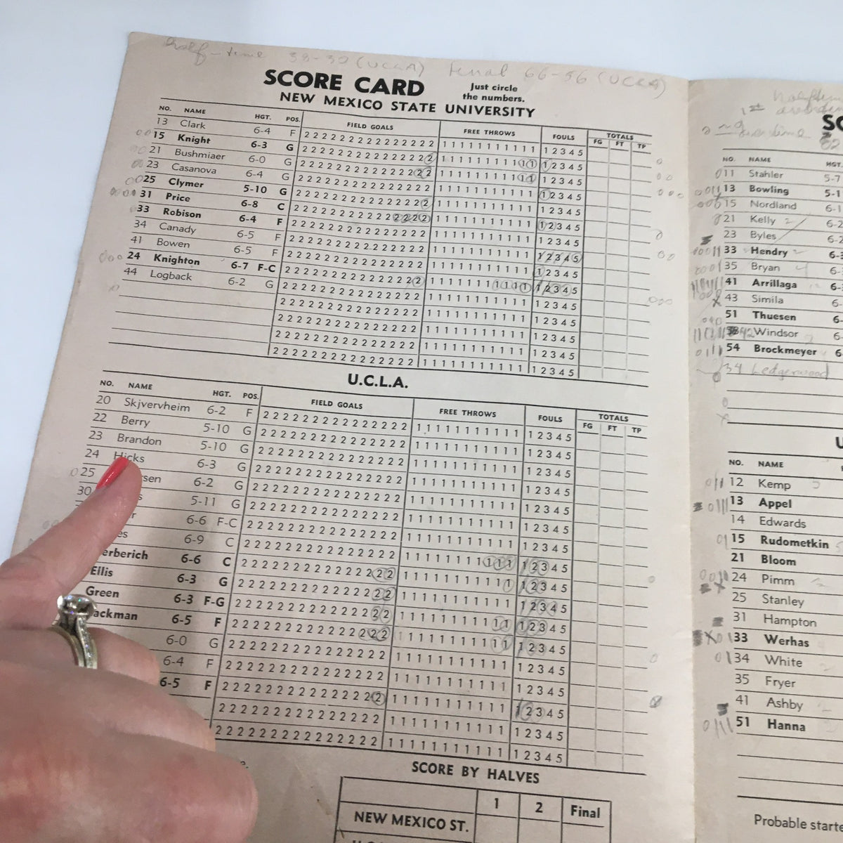 February 5 1960 NCAA Basketball UCLA vs New Mexico State The Tipoff Program - New Mexico State vs UCLA scorecard detailing game stats.