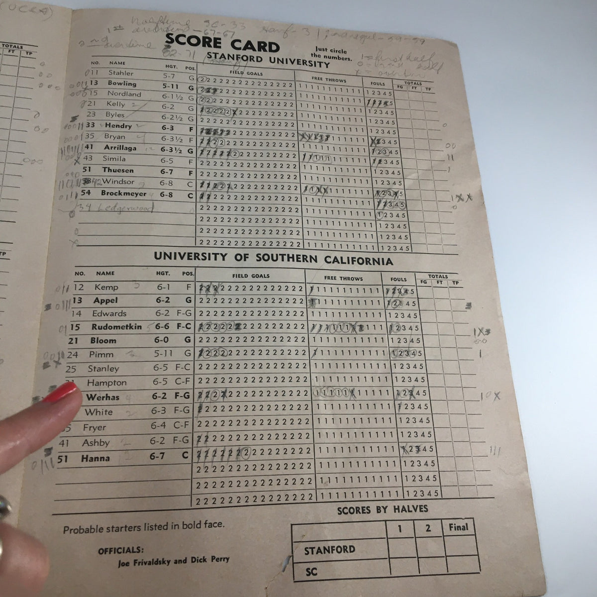 February 5 1960 NCAA Basketball UCLA vs New Mexico State The Tipoff Program - Stanford vs University of Southern California scorecard with player statistics.