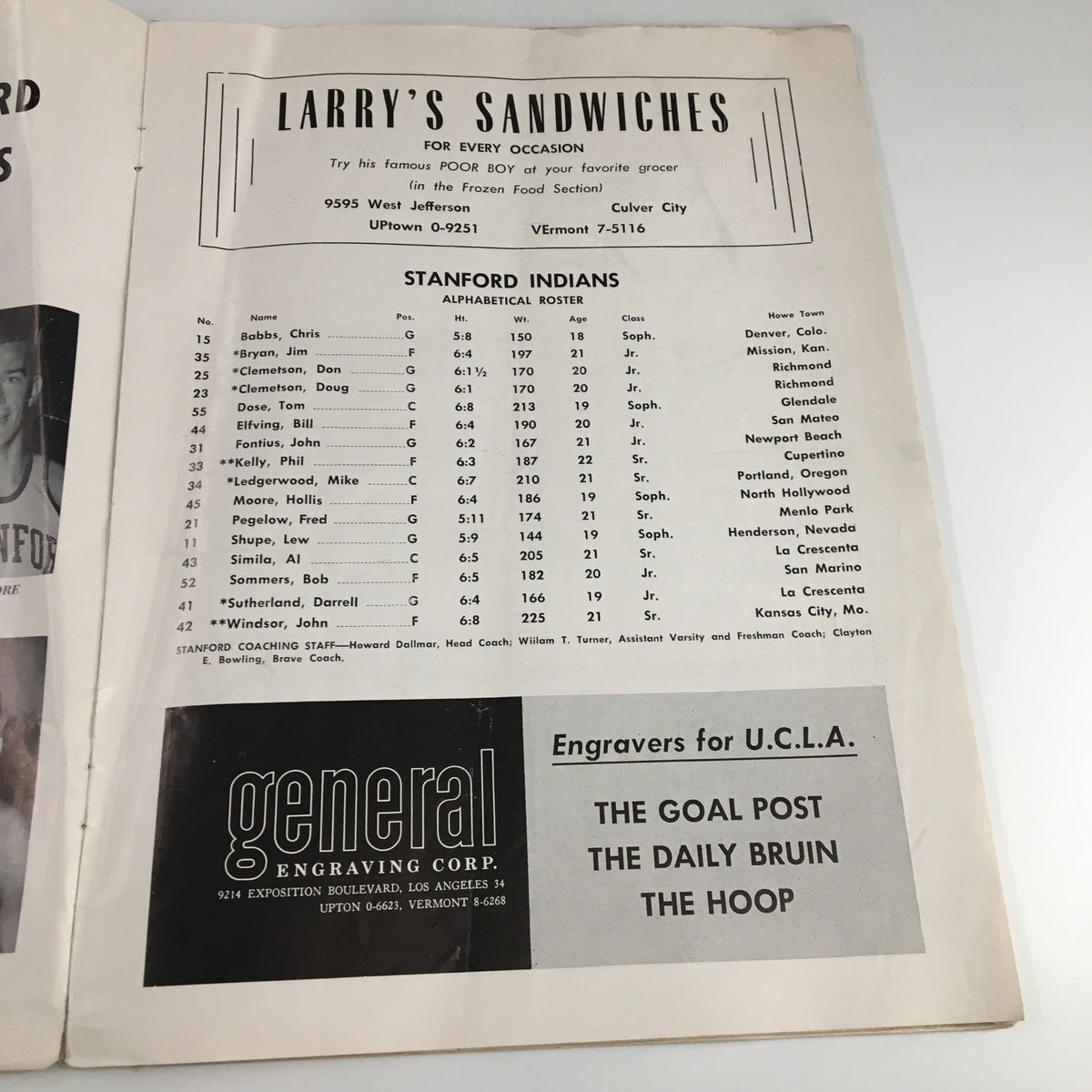 Stanford Indians player roster and advertisement for Larry's Sandwiches, featured in the February 24 1962 NCAA Basketball Stanford vs UCLA Official Program.