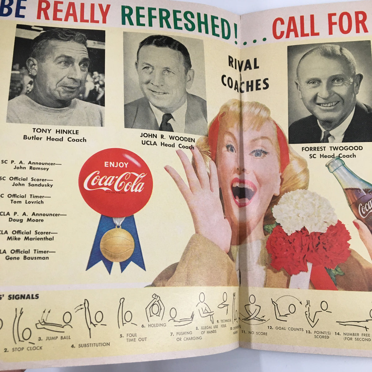 Coaches Tony Hinkle and John R. Wooden in the Coca-Cola advertisement, highlighting prominent figures in college basketball, from the official program for December 17, 1960 NCAA Basketball Butler vs UCLA.