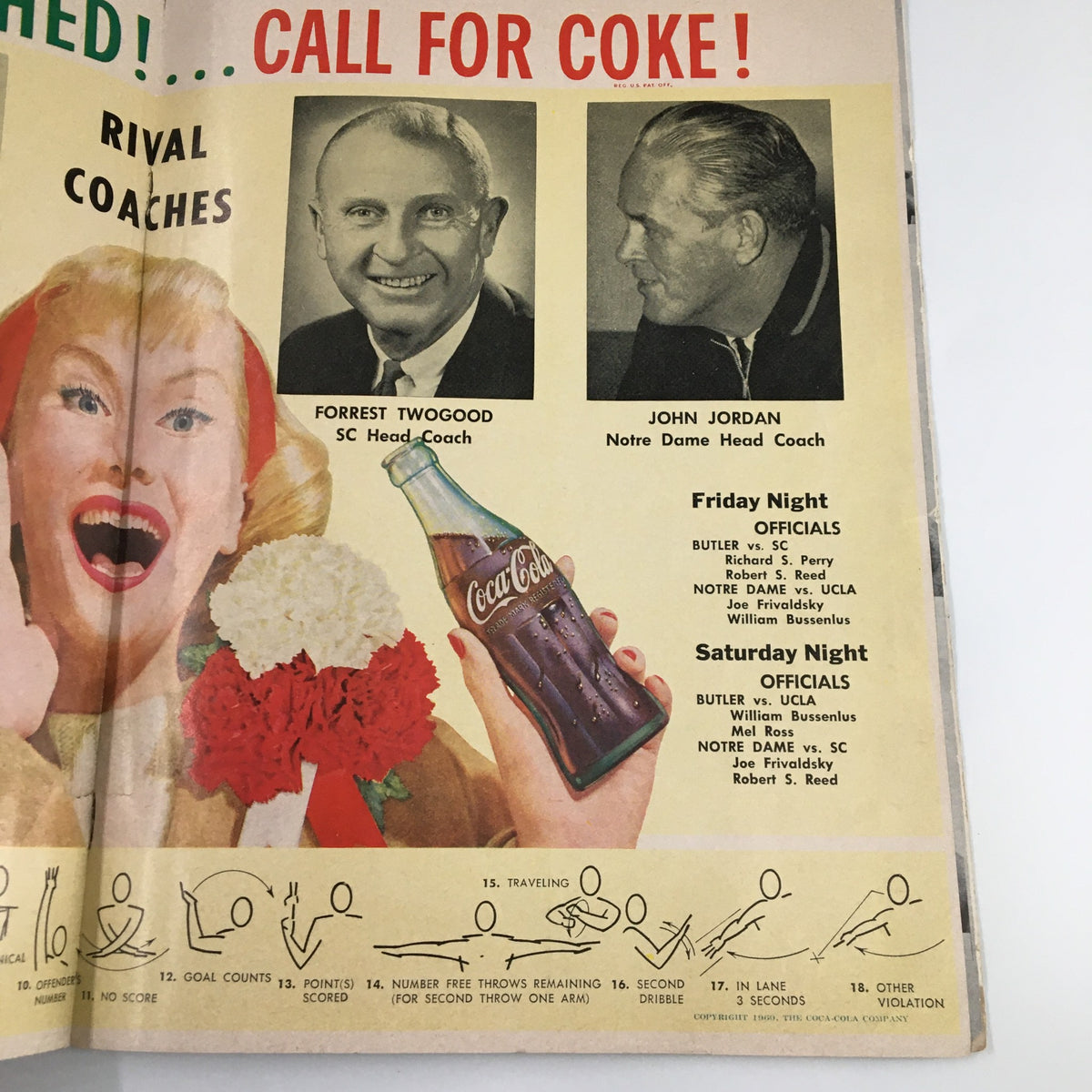 Featured coaches Forrest Twogood and John Jordan in Coca-Cola ad, representing teams in the NCAA basketball program for December 17, 1960 Butler vs UCLA.