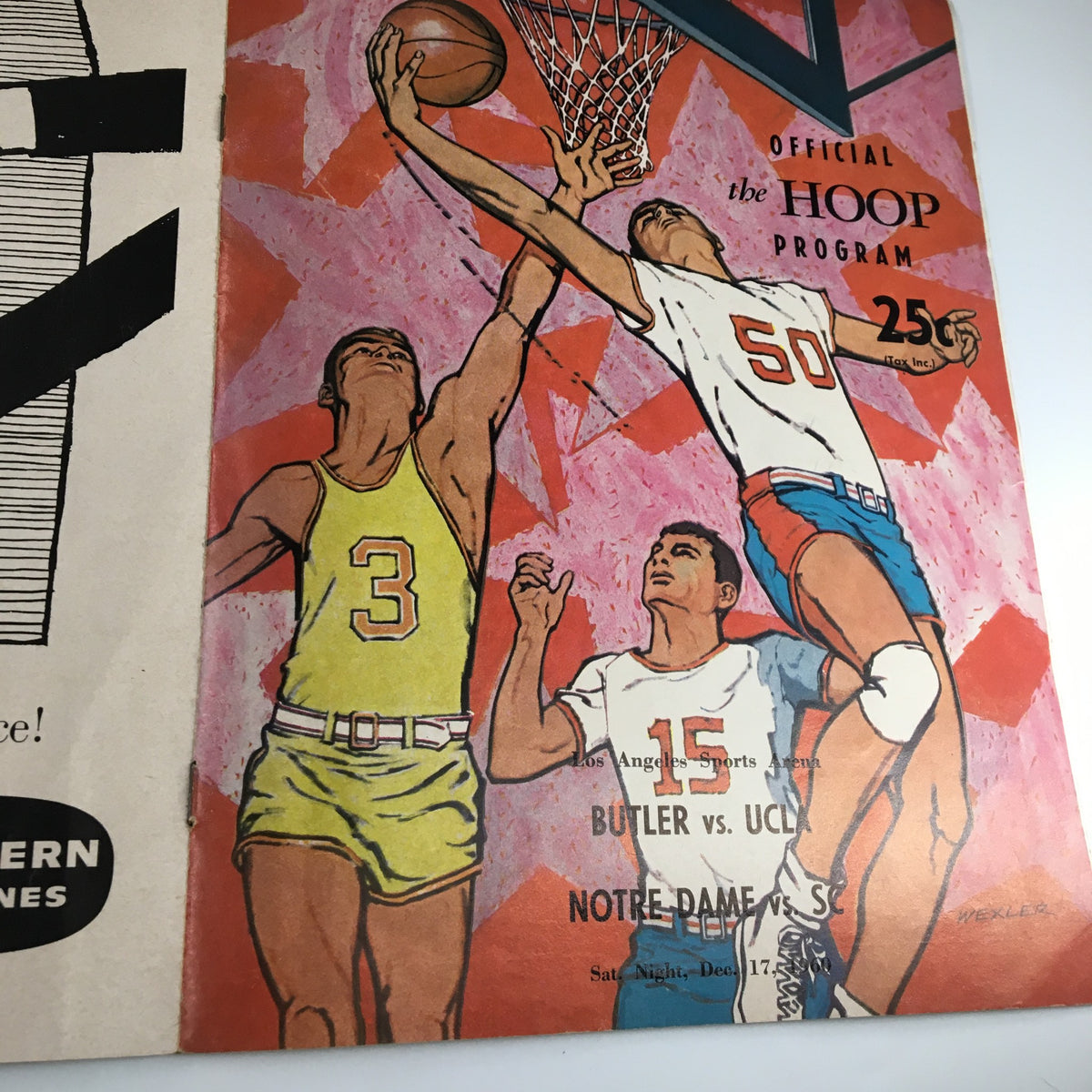 Official program cover from the NCAA Basketball game on December 17, 1960, featuring Butler vs UCLA, showcasing vibrant artwork of players in action.