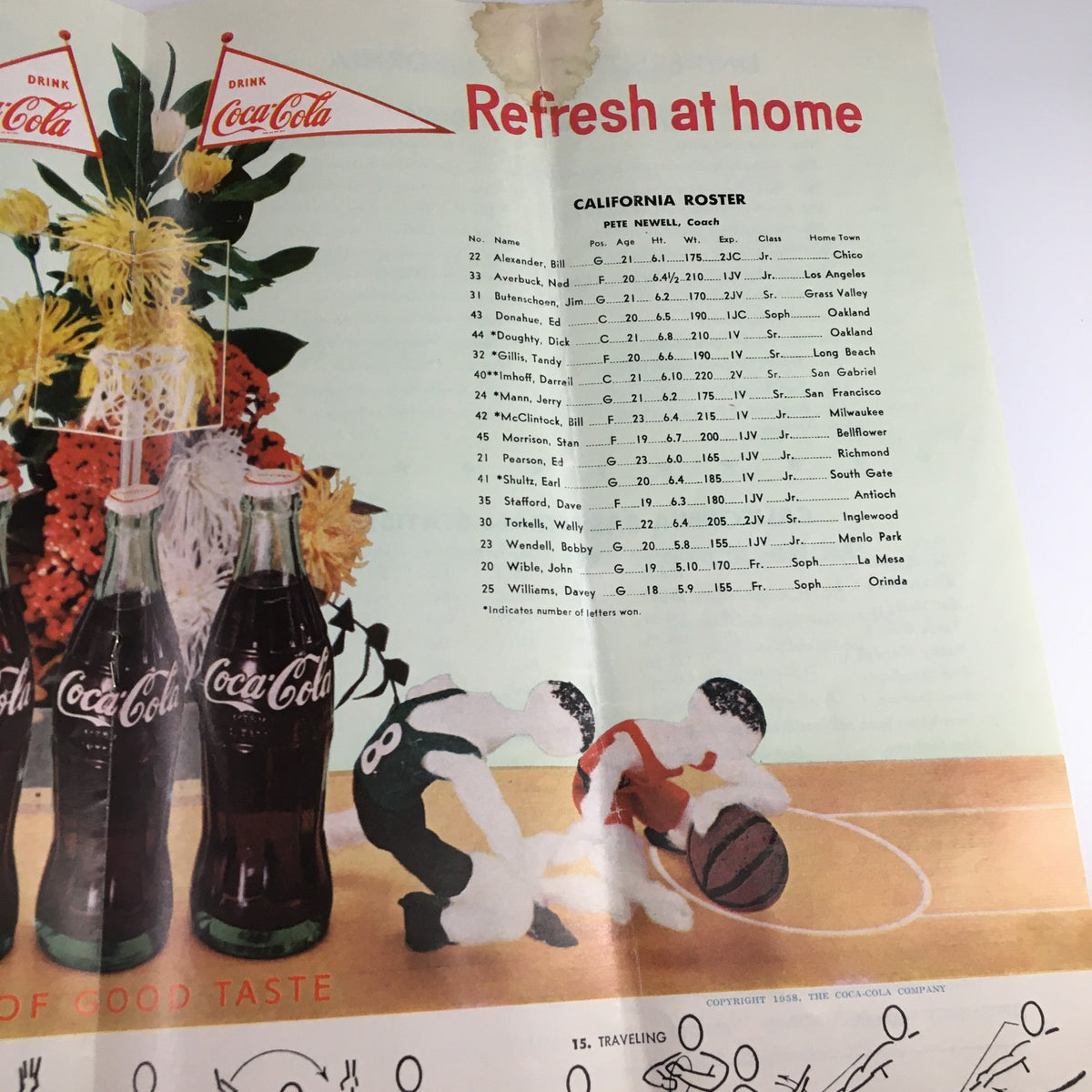 Another inside page of the 1960 UCLA Bruins USC Trojans Basketball Program displaying player statistics and a Coca-Cola promotional illustration.