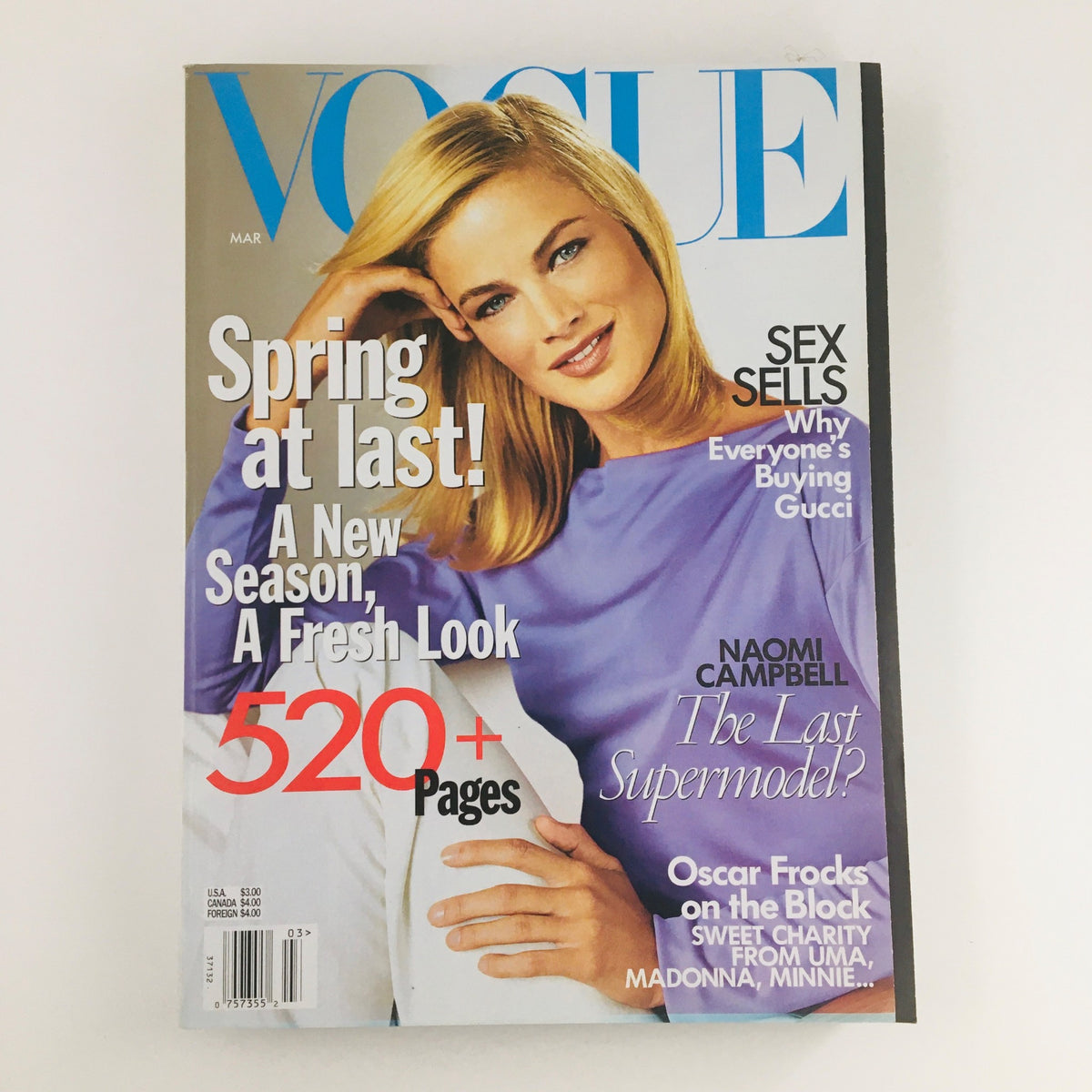 Cover of Vogue Magazine March 1999 featuring American model Carolyn Murphy. This iconic edition highlights spring fashion trends with the tagline 'Spring at last! A New Season, A Fresh Look,' and includes special features on celebrities and fashion topics.