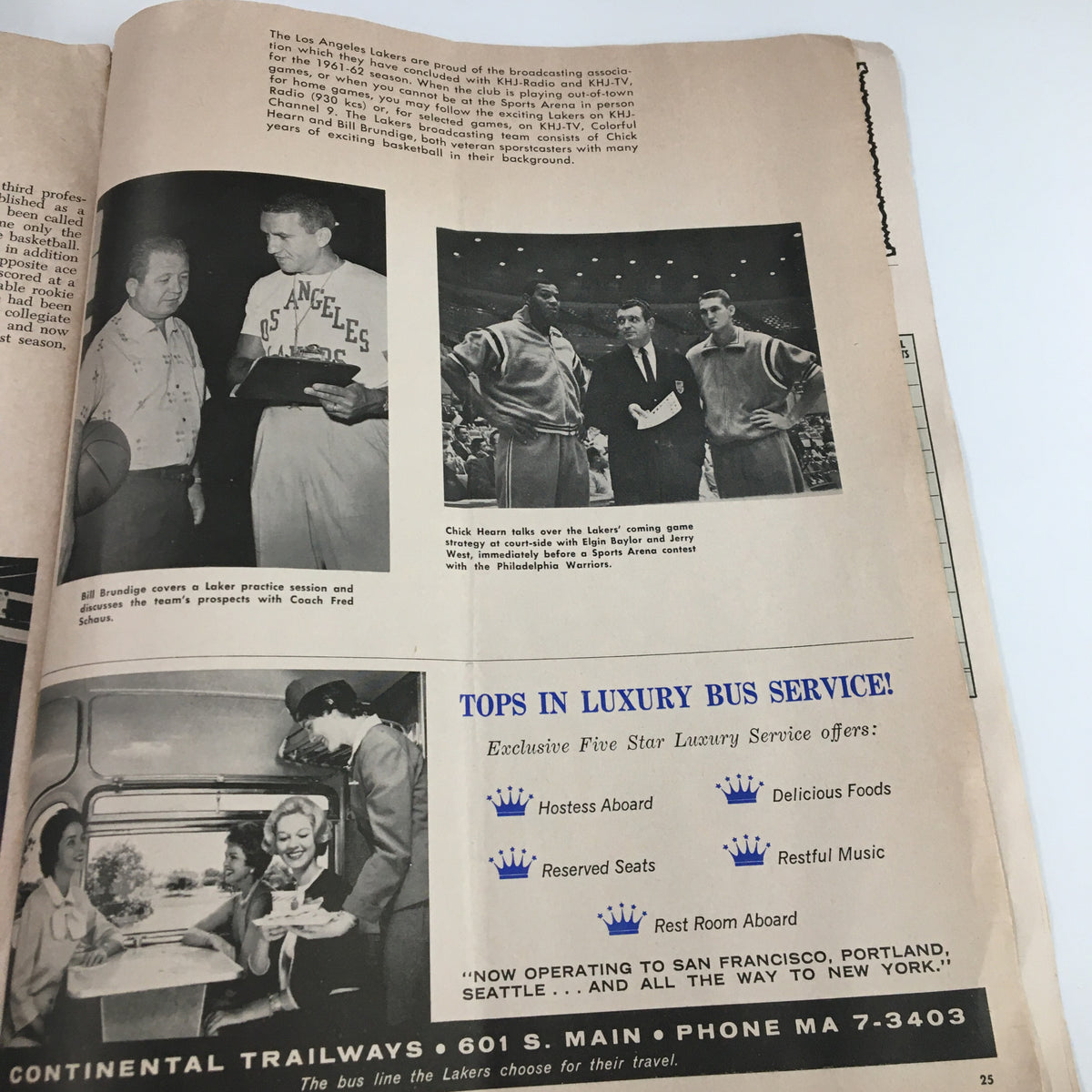 Image of Lakers broadcasting associate Bill Brundige with players discussing game strategy from the 1961-1962 Jim Loscutoff Rod Hundley Los Angeles Lakers Boston Game Program.