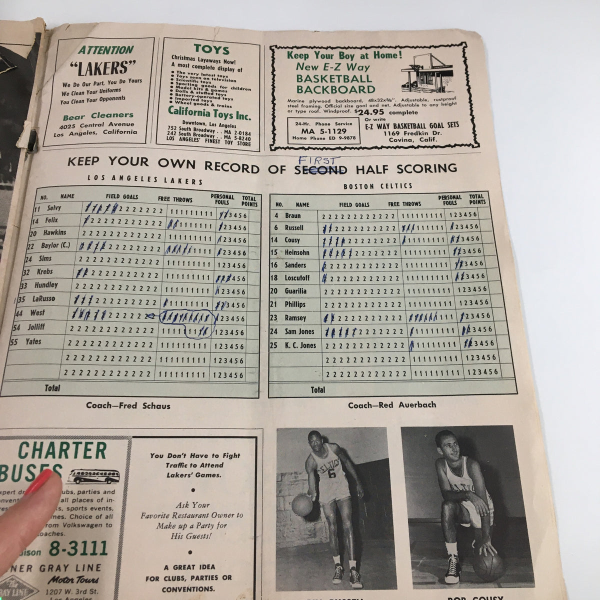 1961-1962 Jim Loscutoff Rod Hundley Los Angeles Lakers Boston Game Program, featuring scorekeeping details for the Lakers vs. Celtics match including player statistics on display.