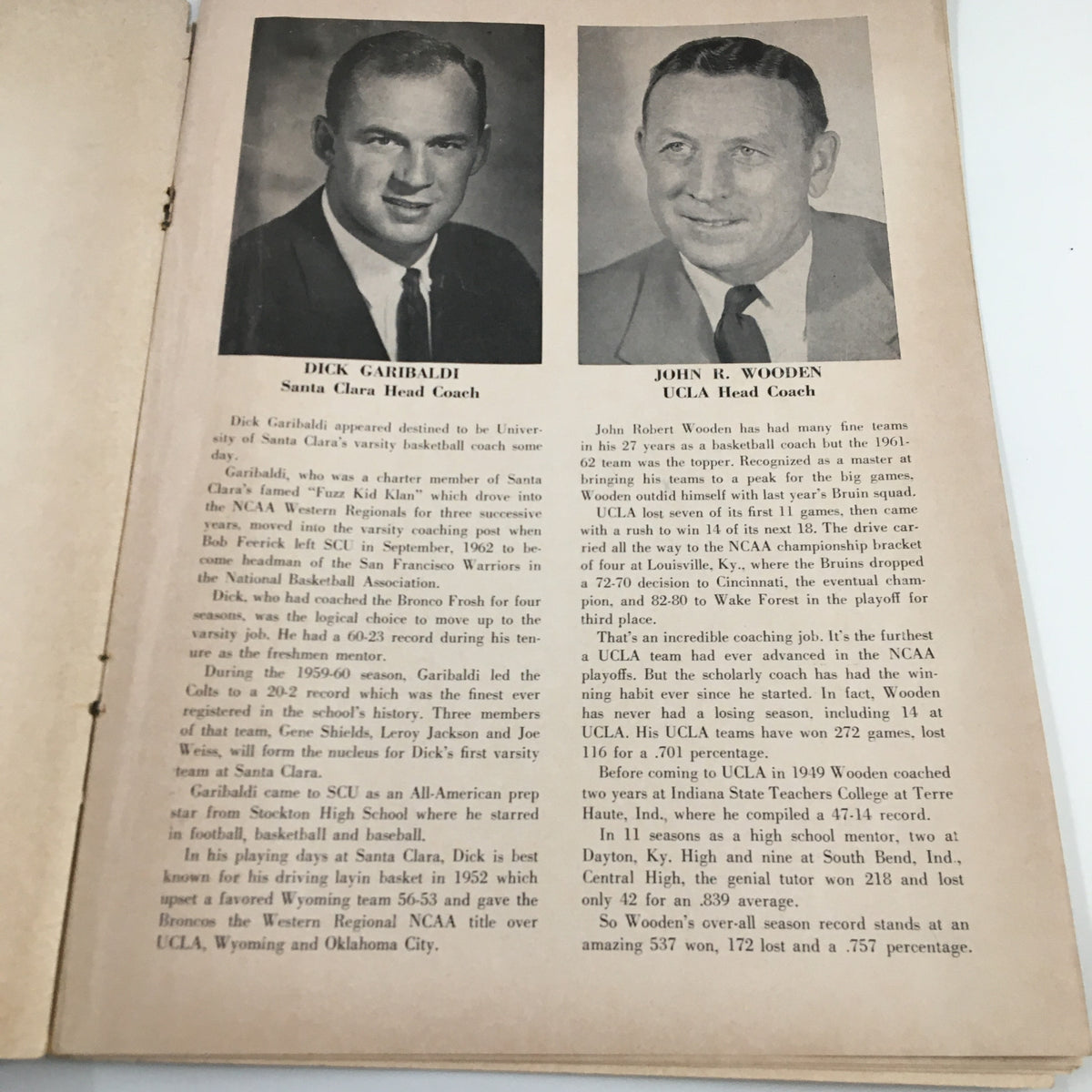 Interior page showcasing head coaches Dick Garibaldi from Santa Clara and John R. Wooden from UCLA, highlighting their achievements and roles, from the December 1, 1962 NCAA Basketball official program.