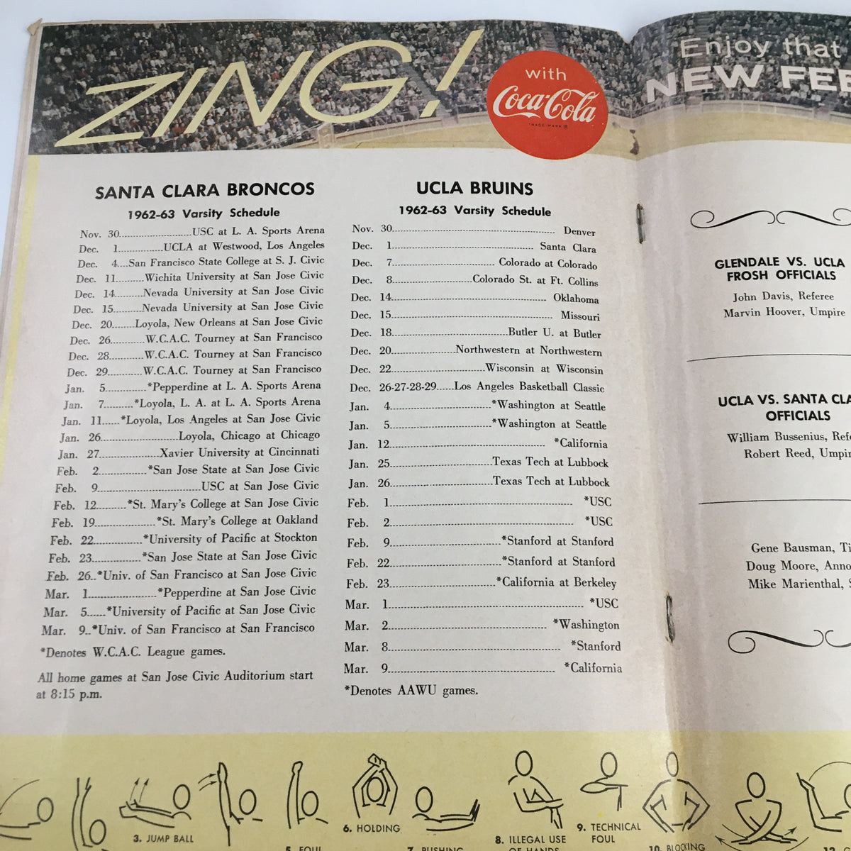 Schedule page for the season 1962-63 from the official program of the NCAA Basketball game between Santa Clara and UCLA on December 1, 1962, displaying game dates and opponents.