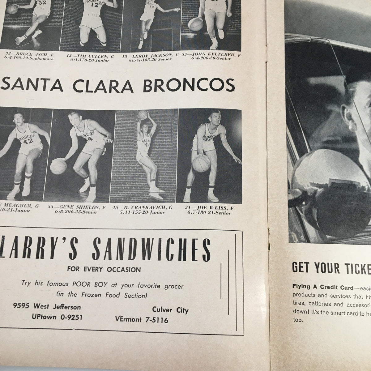 Official program cover for December 1, 1962 NCAA Basketball game, featuring Santa Clara Broncos players, including Bruce Asch and Tim Cullen.